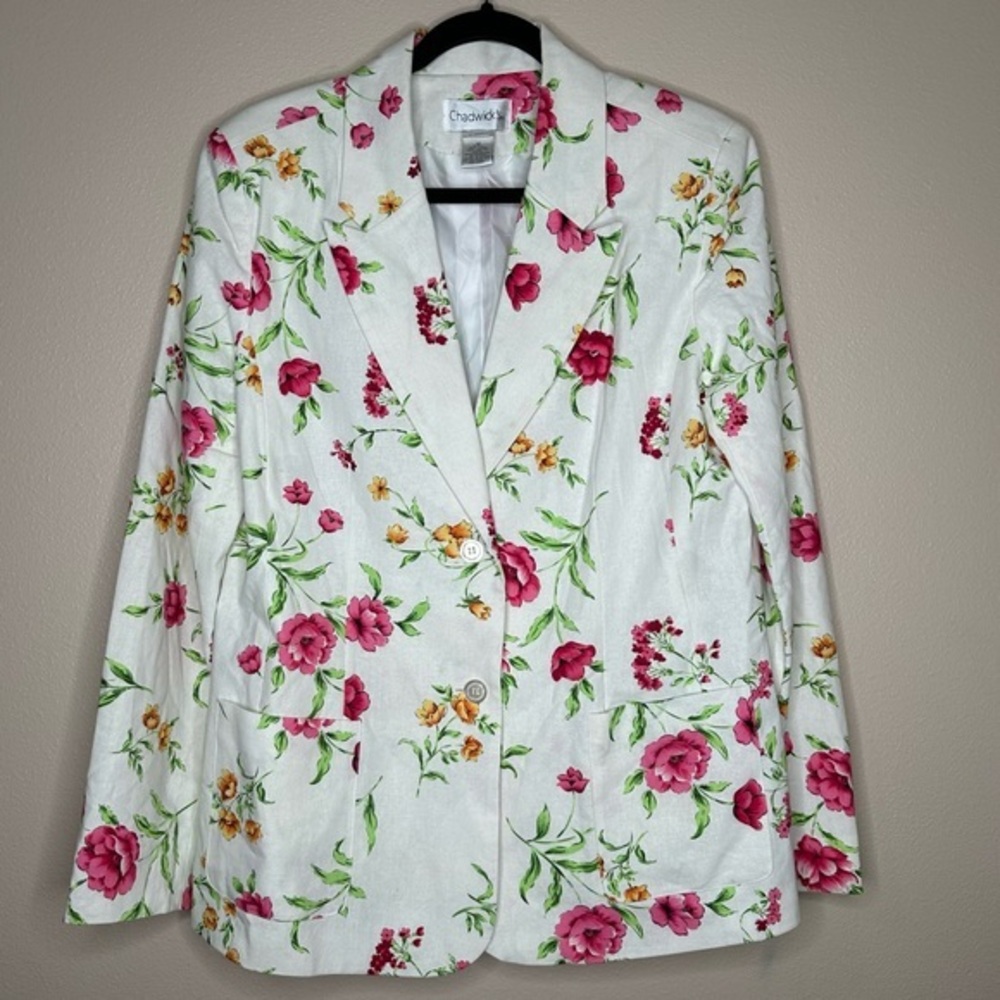 Chadwicks Blazer Women’s Size 12 White Denim‎ Floral Linen Work Office